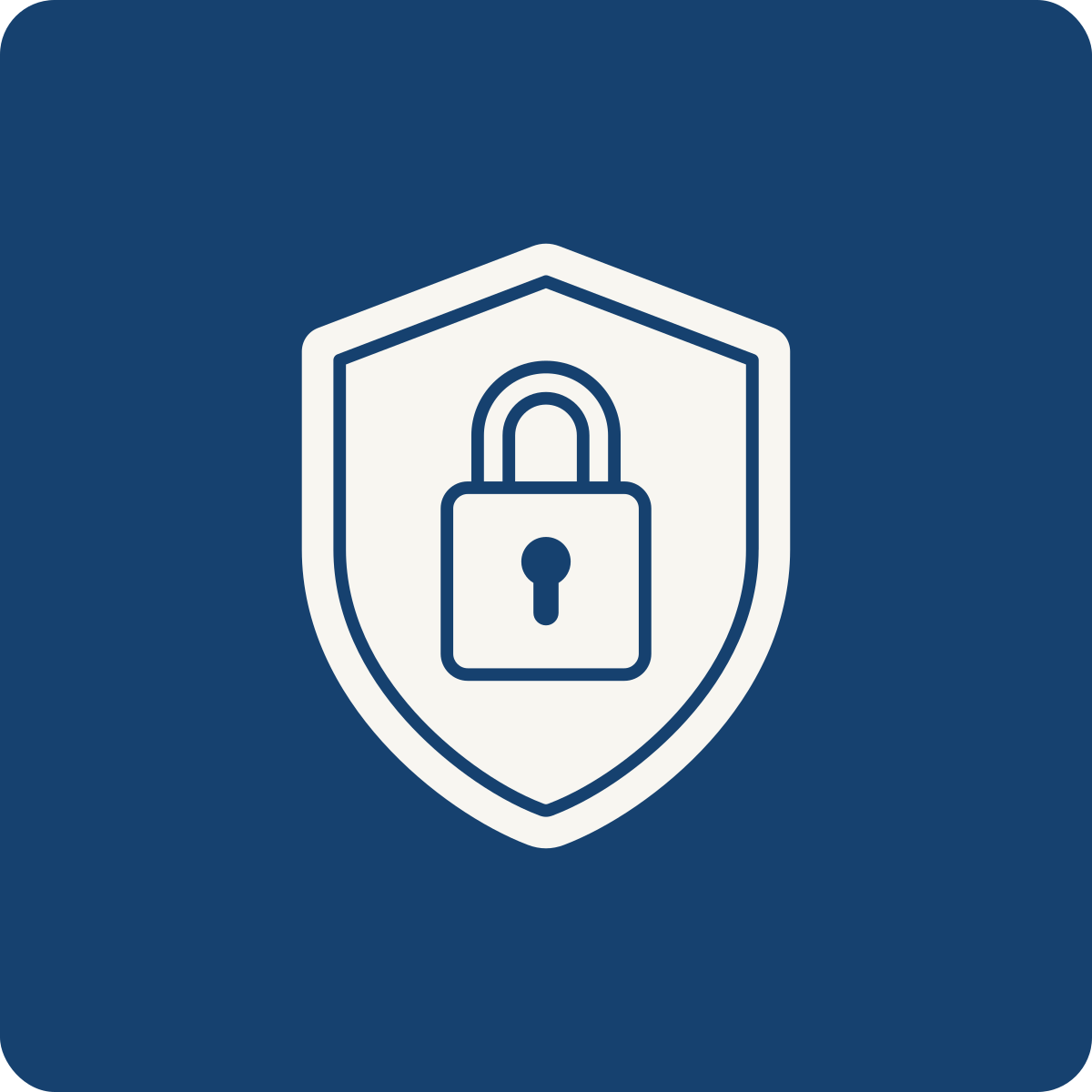 Icon of a shield with a lock in the center on a blue background.