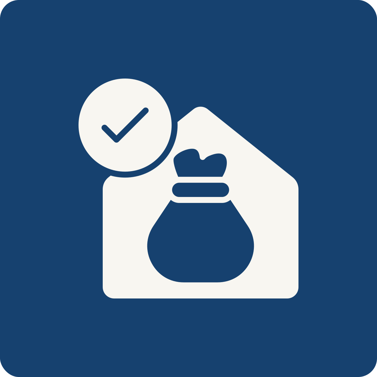 Icon of an envelope with a bag of money inside and a checkmark in a circle.