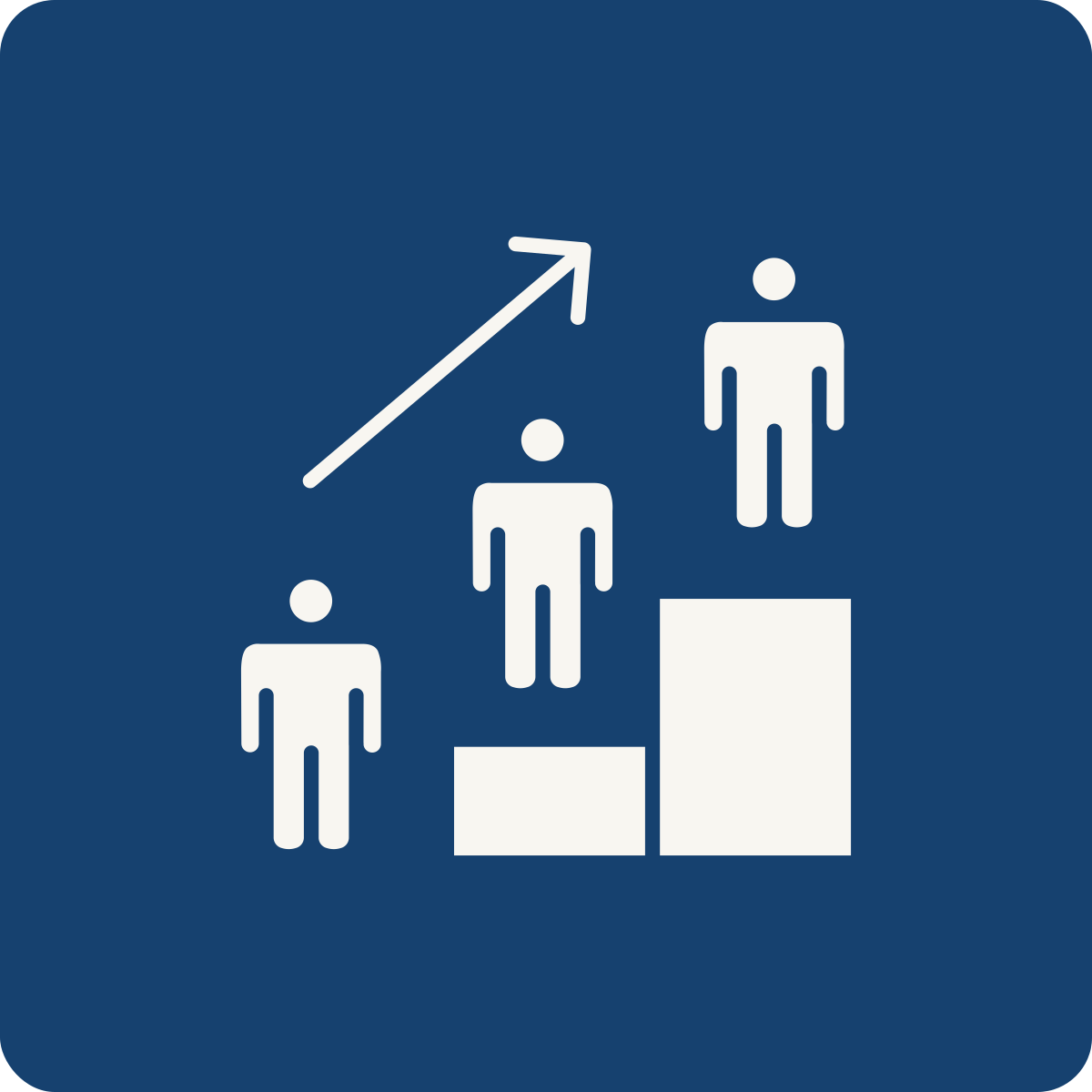 Illustration of three human figures on ascending bars with an upward arrow, symbolizing growth or progress.