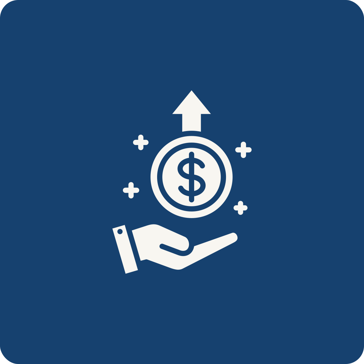 Illustration of a hand holding a coin with a dollar sign, surrounded by plus signs, and an upward arrow indicating financial growth or profit.