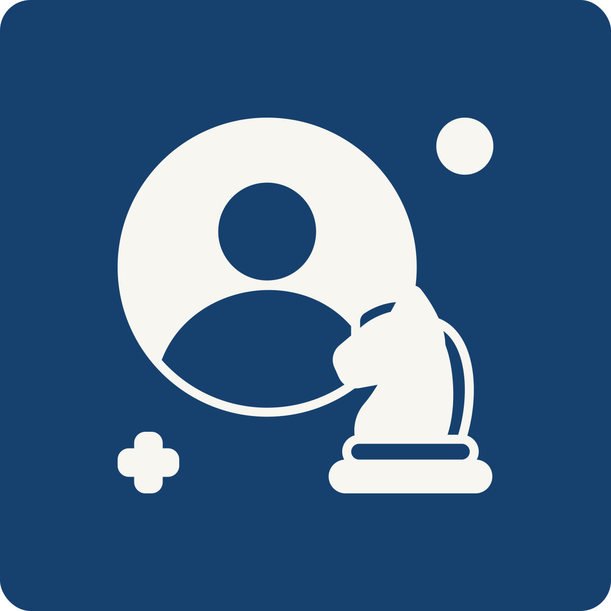 Icon of a person silhouette with a magnifying glass and a chess knight piece, on a dark blue background.