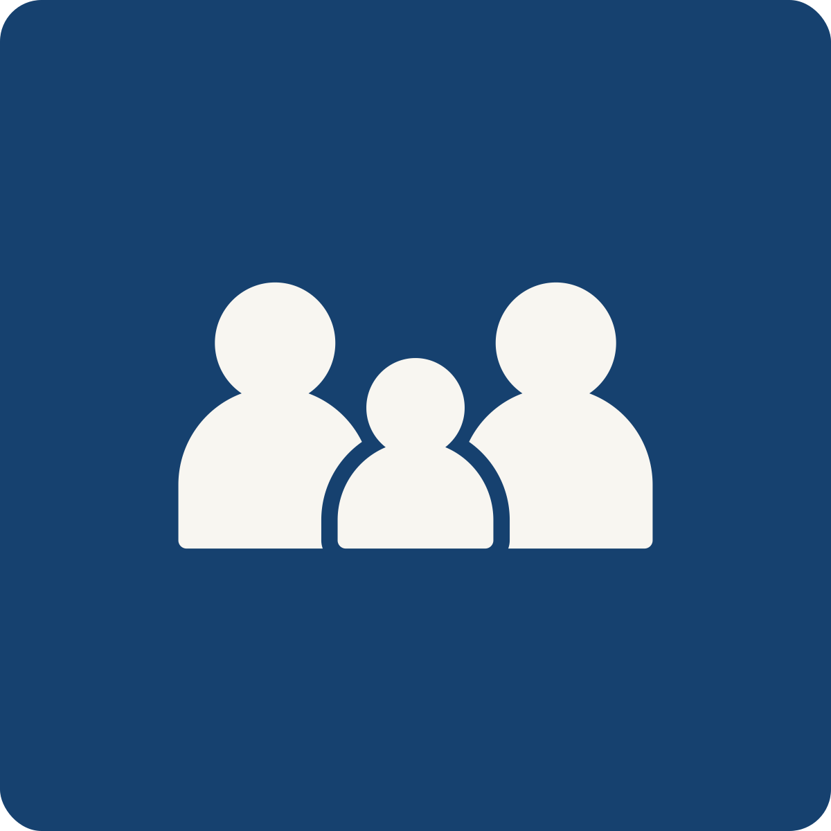 Icon of three white people figures, representing a group or team, on a blue background.