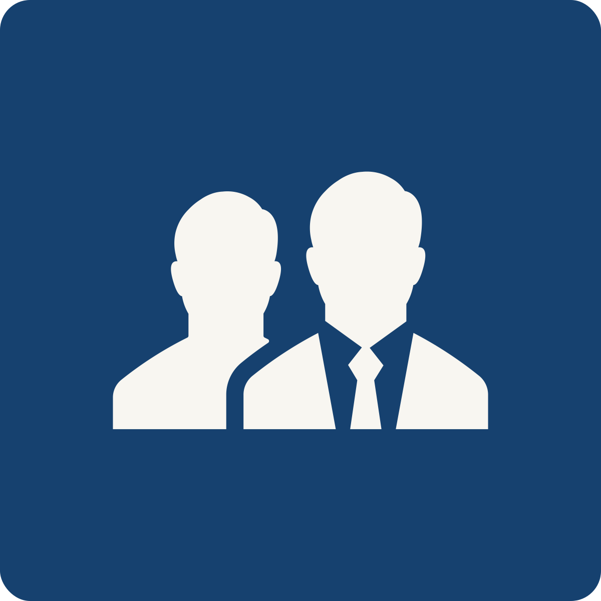 Icon of two white silhouettes of people, one in a suit and tie, on a dark blue background.