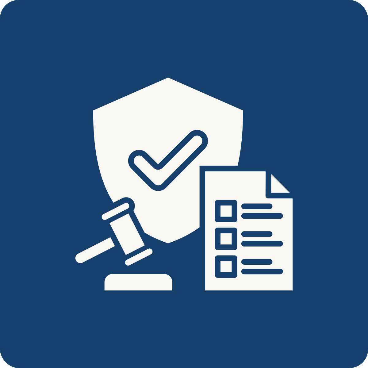 Icon representing security or health compliance, featuring a shield with a checkmark, a gavel, and a document.