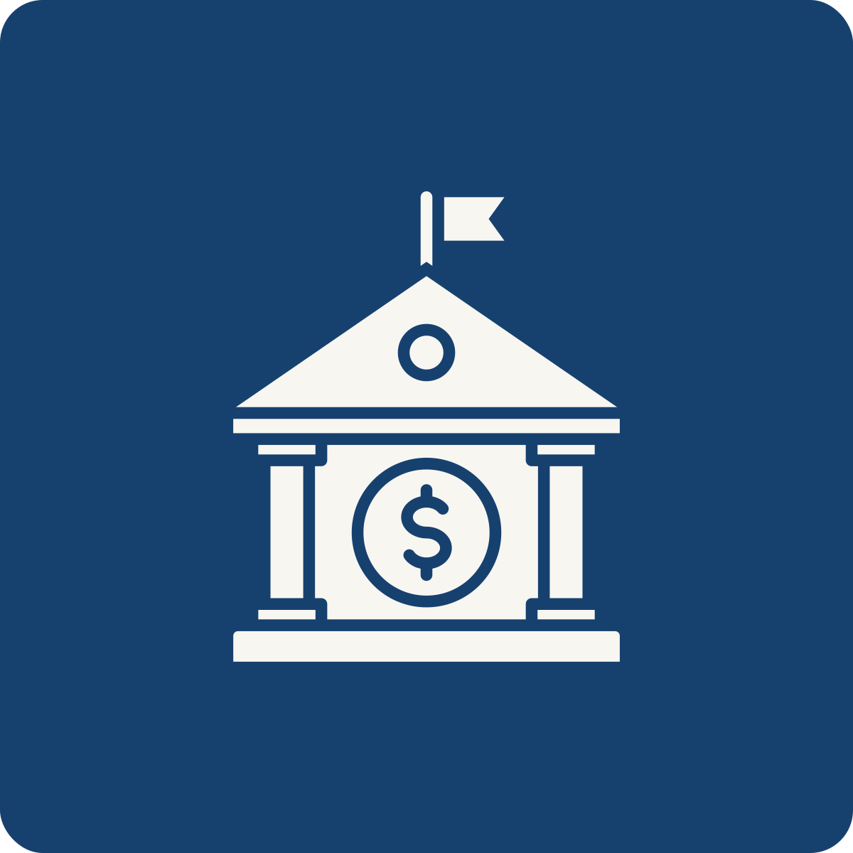 Icon of a government building with a dollar sign, a flag, and columns, on a dark blue background.