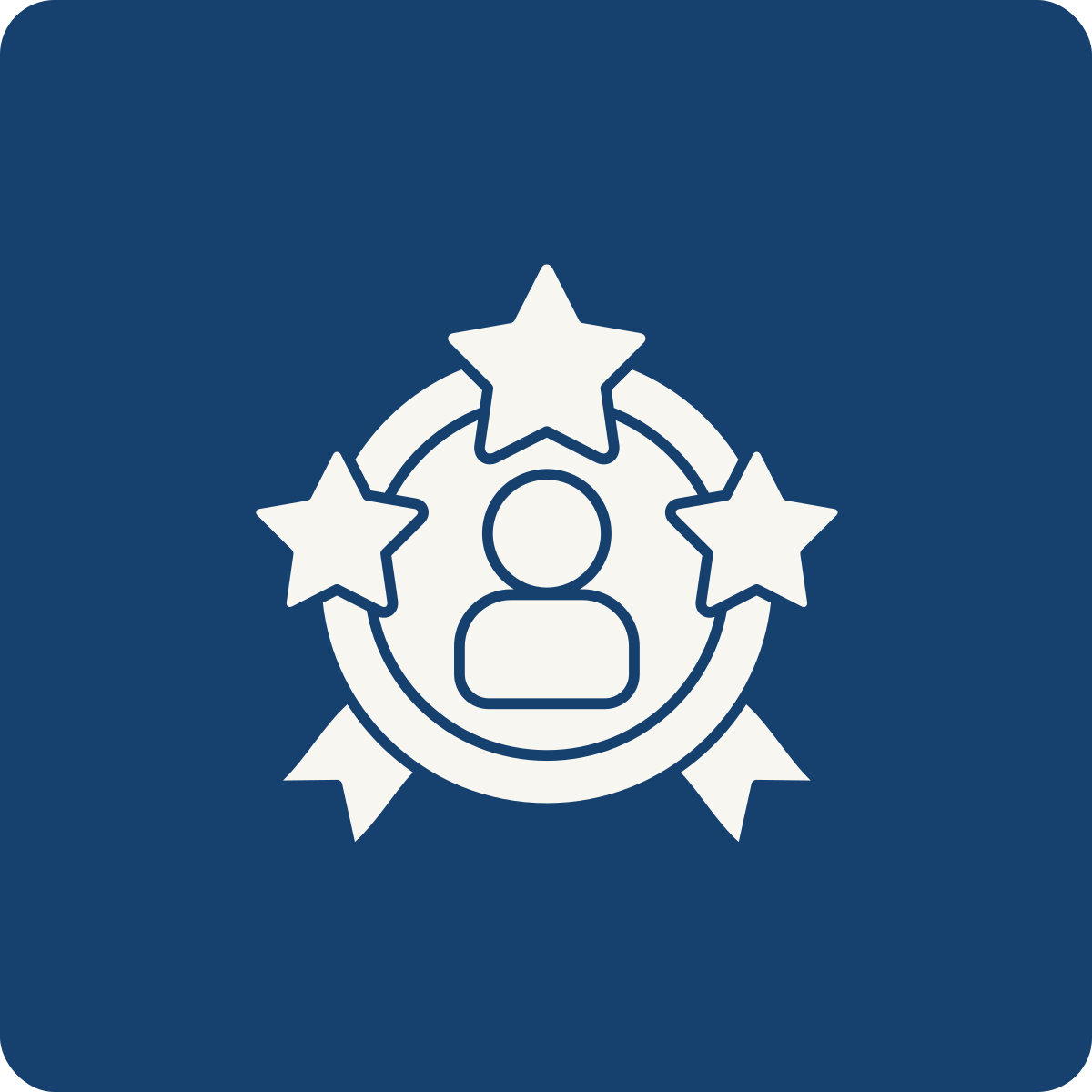 Icon with a person surrounded by three stars on a blue background.