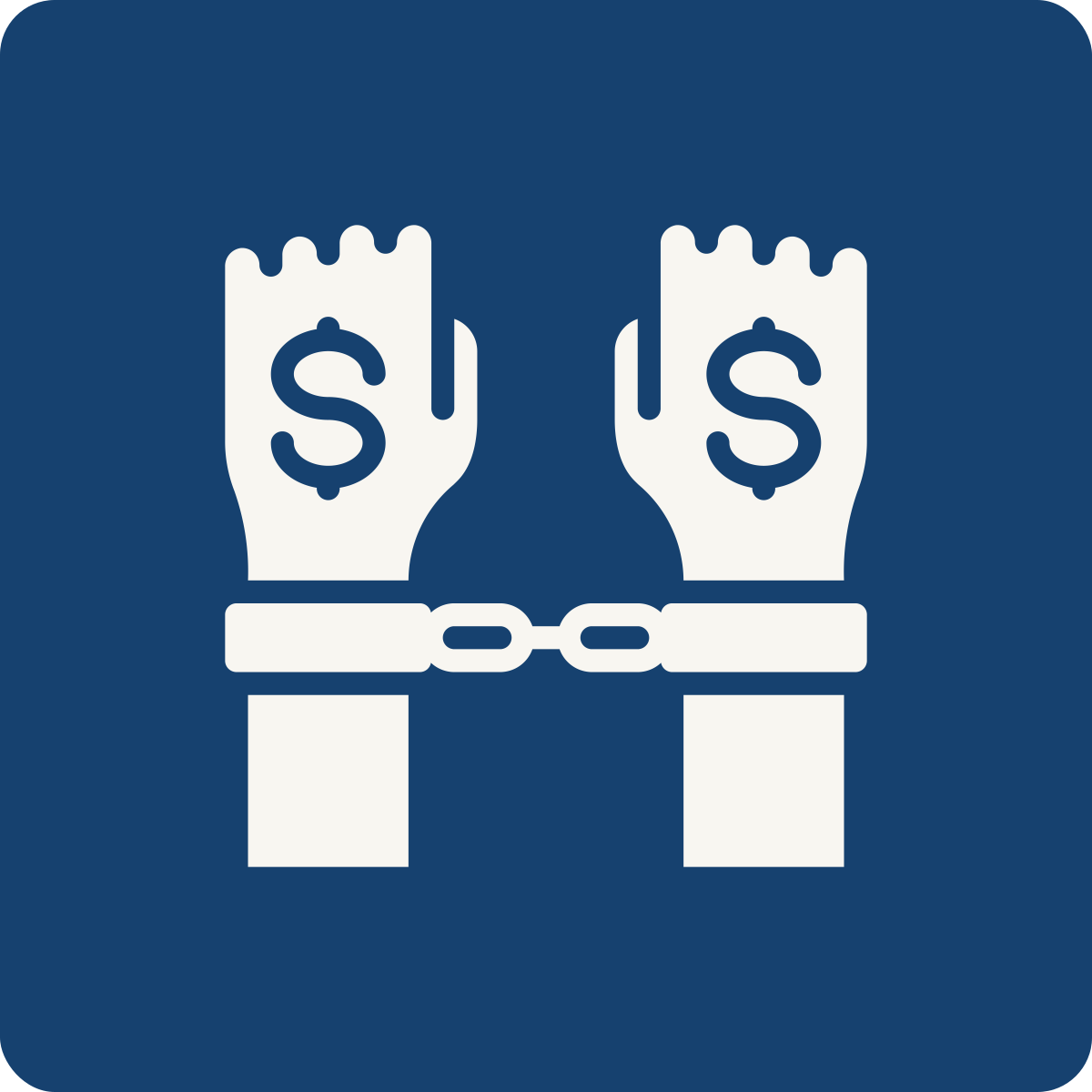 Silhouette of two hands in handcuffs with dollar signs on the wrists