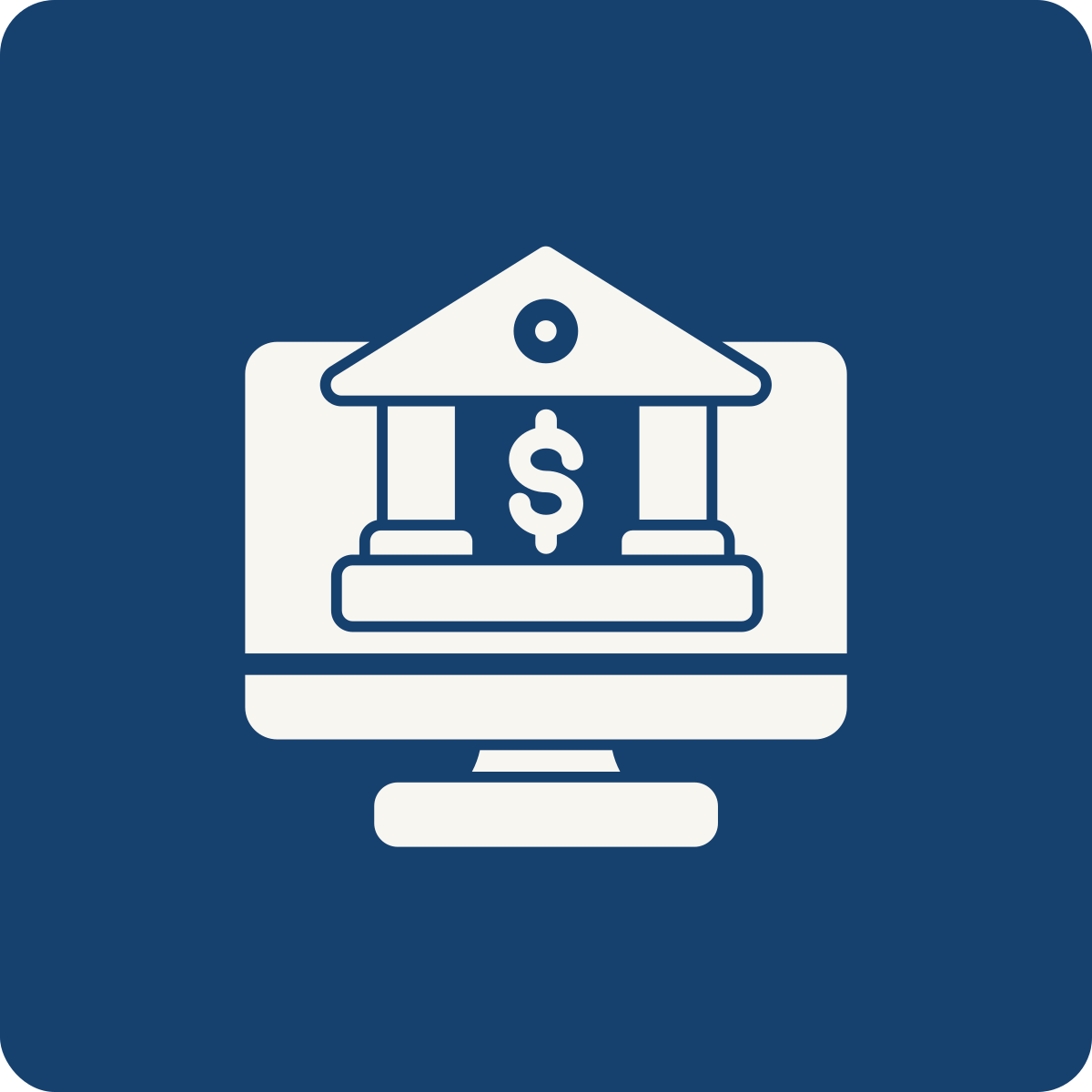 Computer screen displaying a building resembling a bank with a dollar sign in the center.