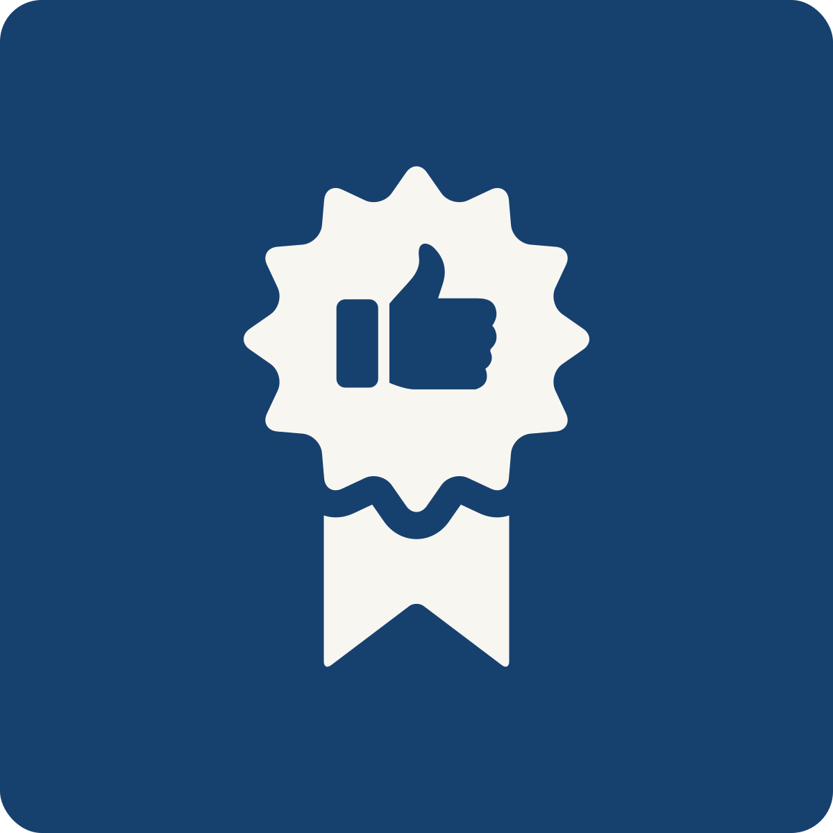 A white award ribbon with a starburst shape and a thumbs-up symbol in the center, on a dark blue background.