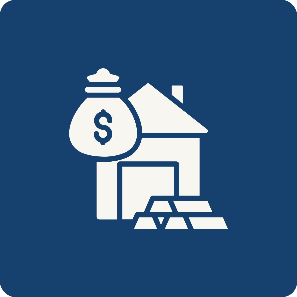 House with a money bag and dollar sign, and a stack of bricks or blocks.