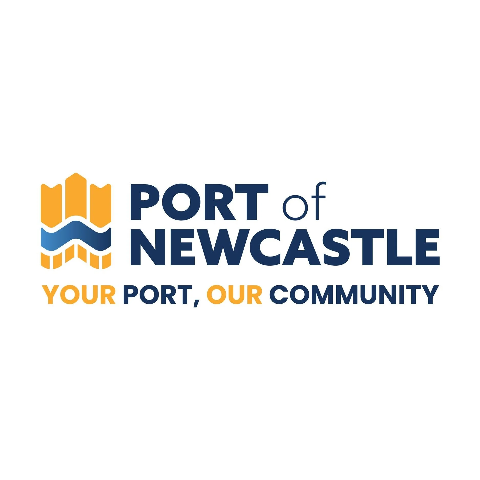 Logo of Port of Newcastle with a stylized emblem of orange and blue waves and a golden wave symbol, along with the text 'PORT of NEWCASTLE' and the slogan 'YOUR PORT, OUR COMMUNITY' in orange and navy blue.