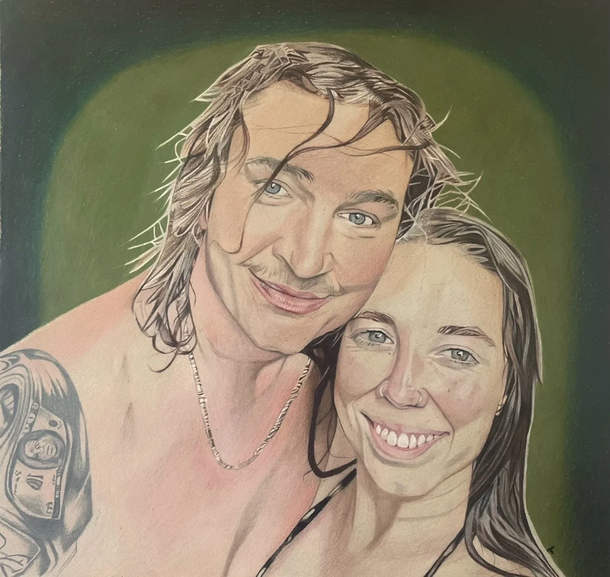 A colorful illustration of a happy man and woman smiling, with the man's arm around the woman's shoulder, against a dark green background.