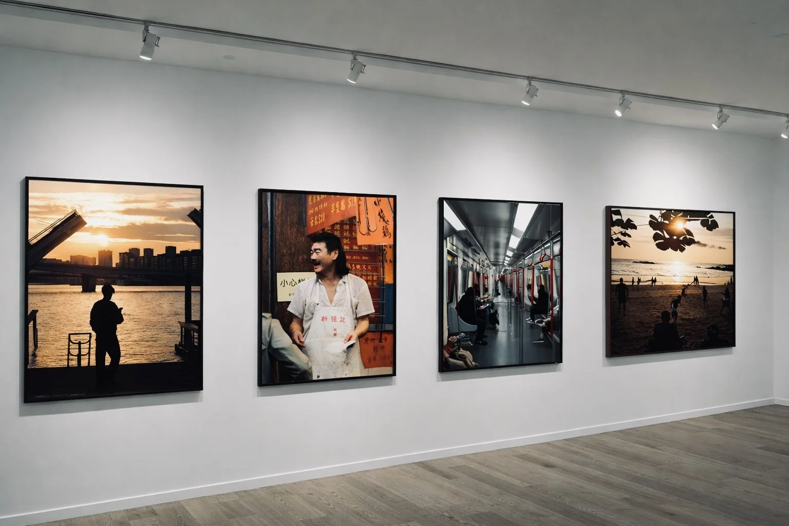 Quatre photographies encadrées accrochées sur un mur blanc dans une galerie d'art. La première montre un homme en silhouette regardant un coucher de soleil sur une rivière, la deuxième est une image d'un homme souriant dans une boutique avec des panneaux en chinois, la troisième est une photo de l'intérieur d'une rame de métro avec des passagers, et la quatrième montre des personnes sur une plage au coucher du soleil.