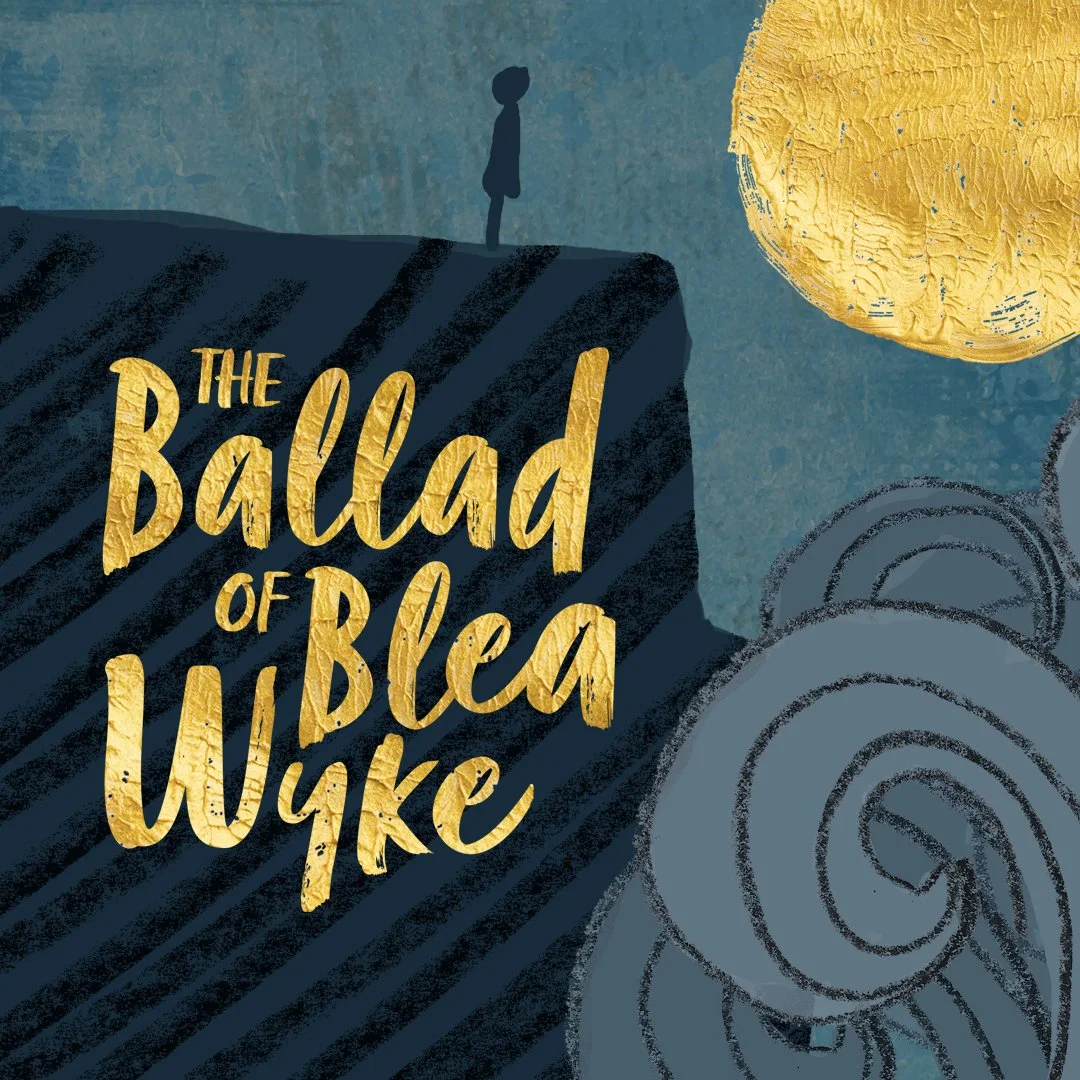 A dark rock with the title 'The Ballad of Blea Wyke' in gold lettering. There is a small silhouette of a person standing on the edge of the rock, a large golden sphere, and a coiled rope.