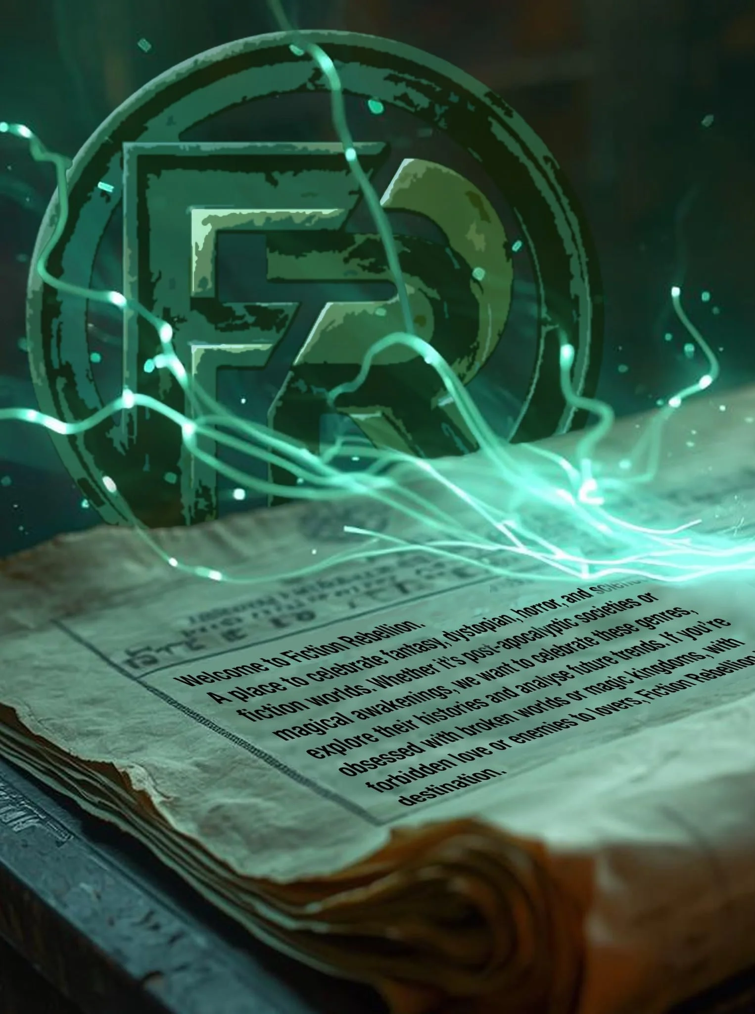 pages from manuscript and FR badge with lit up electric wires over them