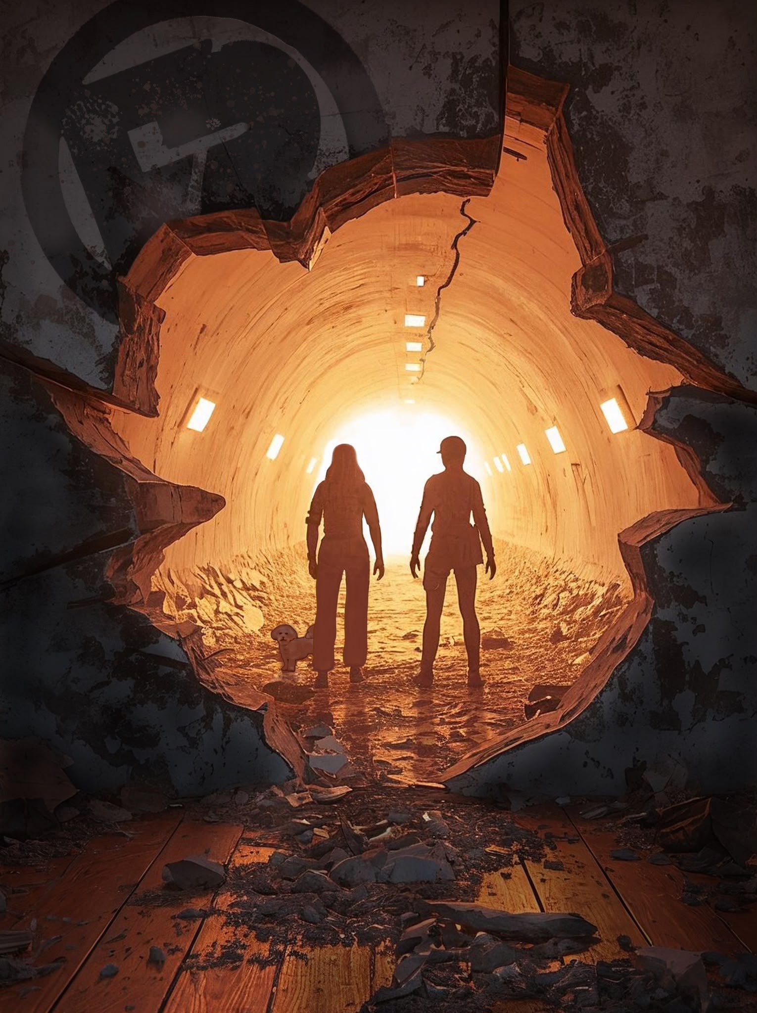 Silhouettes of two people walking through a tunnel with a glowing light at the end, a dog alongside them, surrounded by debris and cracks in the tunnel walls.