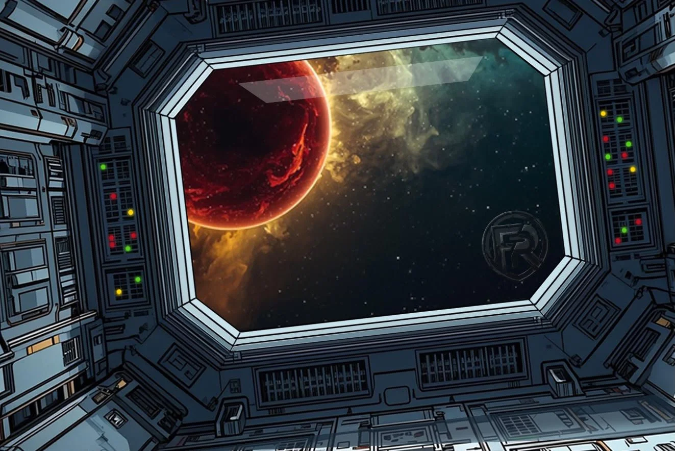 ceiling of a spaceship with a red planet and stars visible through skylight