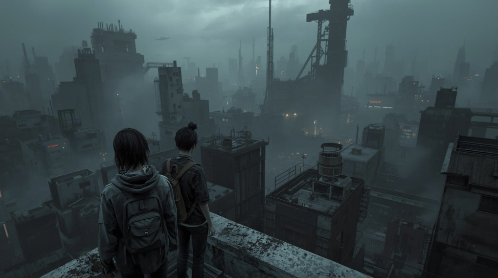 2 teenagers with their backs to us looking out from a top of a building at a foggy night in a ravaged city
