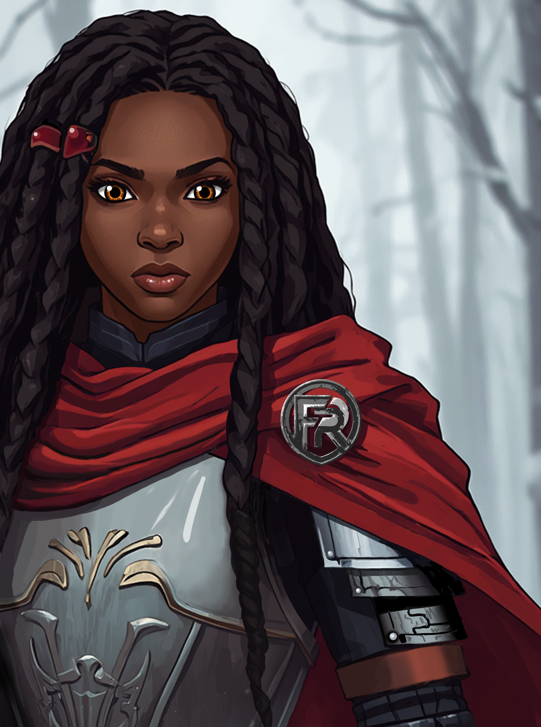 Close-up of a woman with dark skin and long black braided hair, wearing a red cloak and armor, standing in a foggy, barren forest with leafless trees.