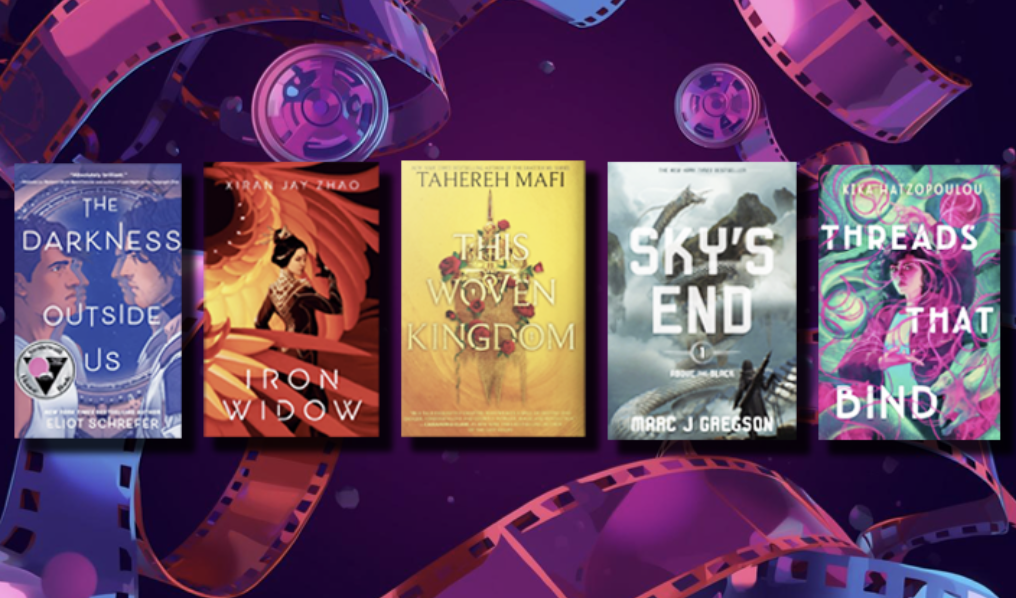 pink open camera roll  with 5 books, the darkness outside us, iron widow, the woven kingdom, sky's end, threads that bind