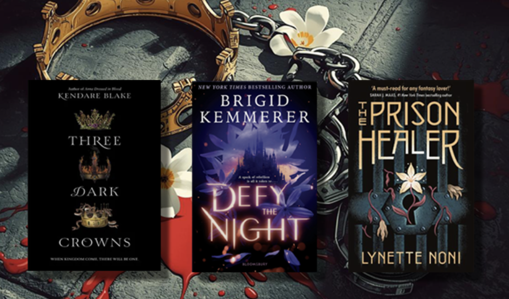 a crown and a chain with a daisy and 3 books, three dark crowns, defy the night and the prison healer