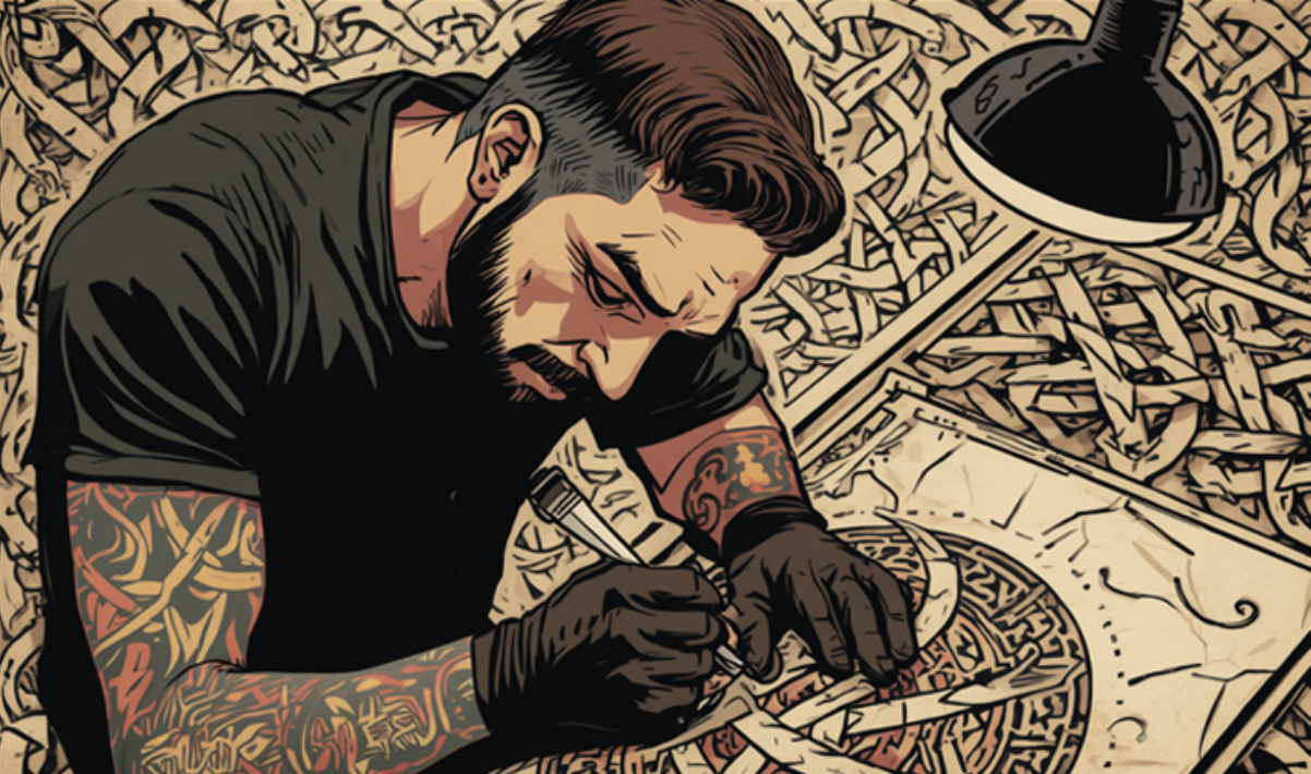 bearded tattoo artist stencilling a tattoo drawing