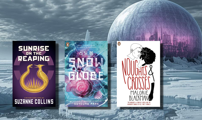 a glacier with a cloudy sky and a large doomed city and 3 book covers, sunrise on the reaping, snowglobe and noughts & crosses