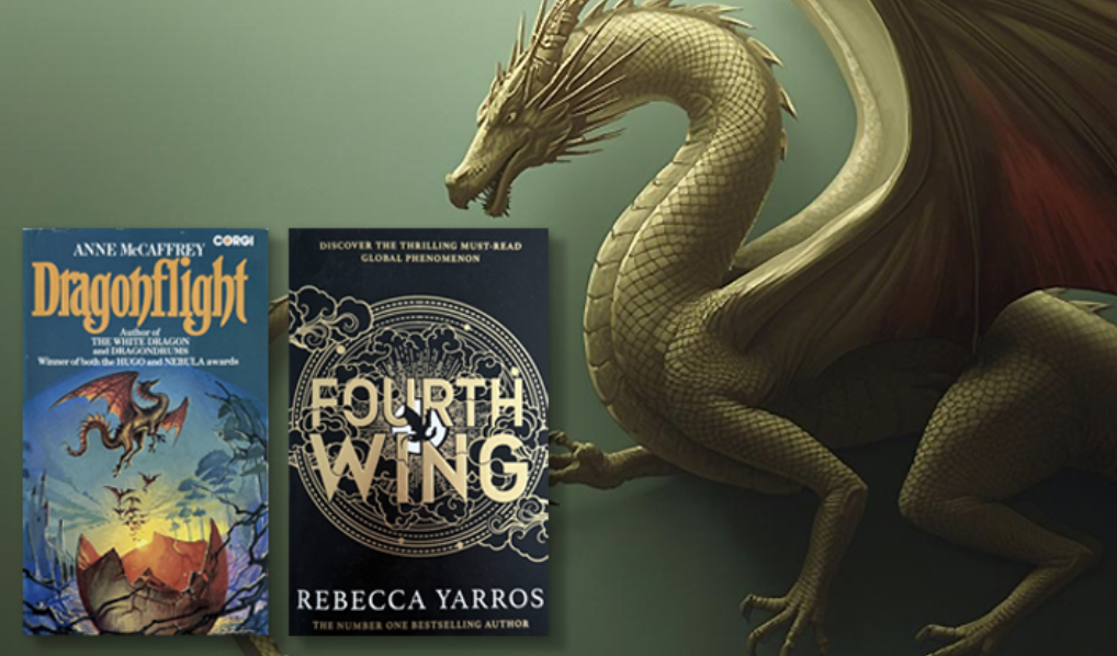 a golden dragon beside book covers of dragonflight and fourth wing