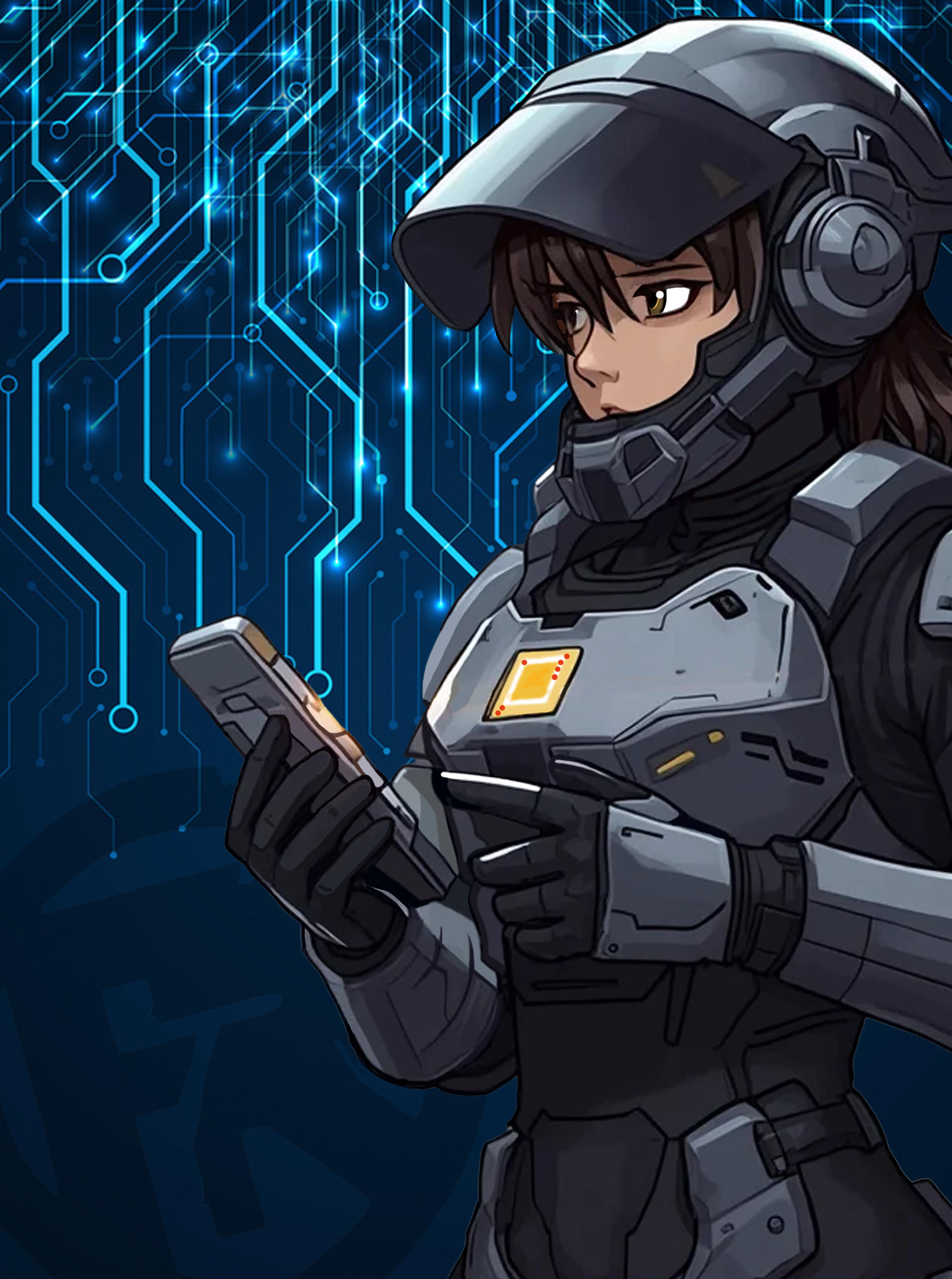Anime-style character in futuristic armor holding a smartphone, with a digital circuit background.