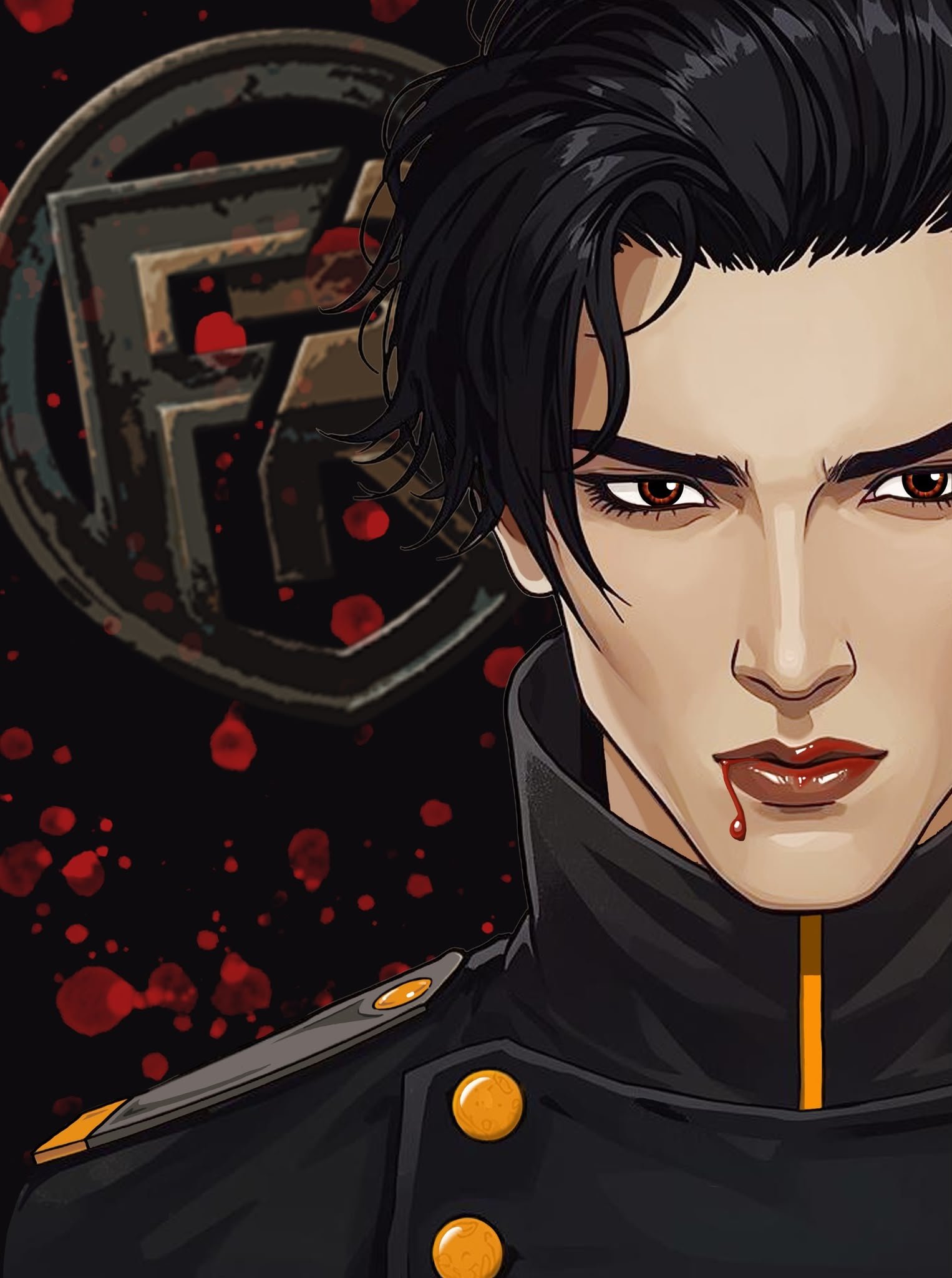 Digital illustration of a person with dark hair and intense eyes, wearing a black jacket with yellow buttons, with blood dripping from their lips. Behind their head is a background featuring a black shield with red dots and a stylized emblem, surrounded by red splatters.
