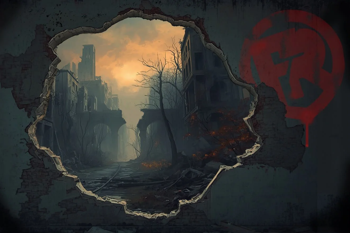 broken bridge and damaged buildings visible through a hole in a wall