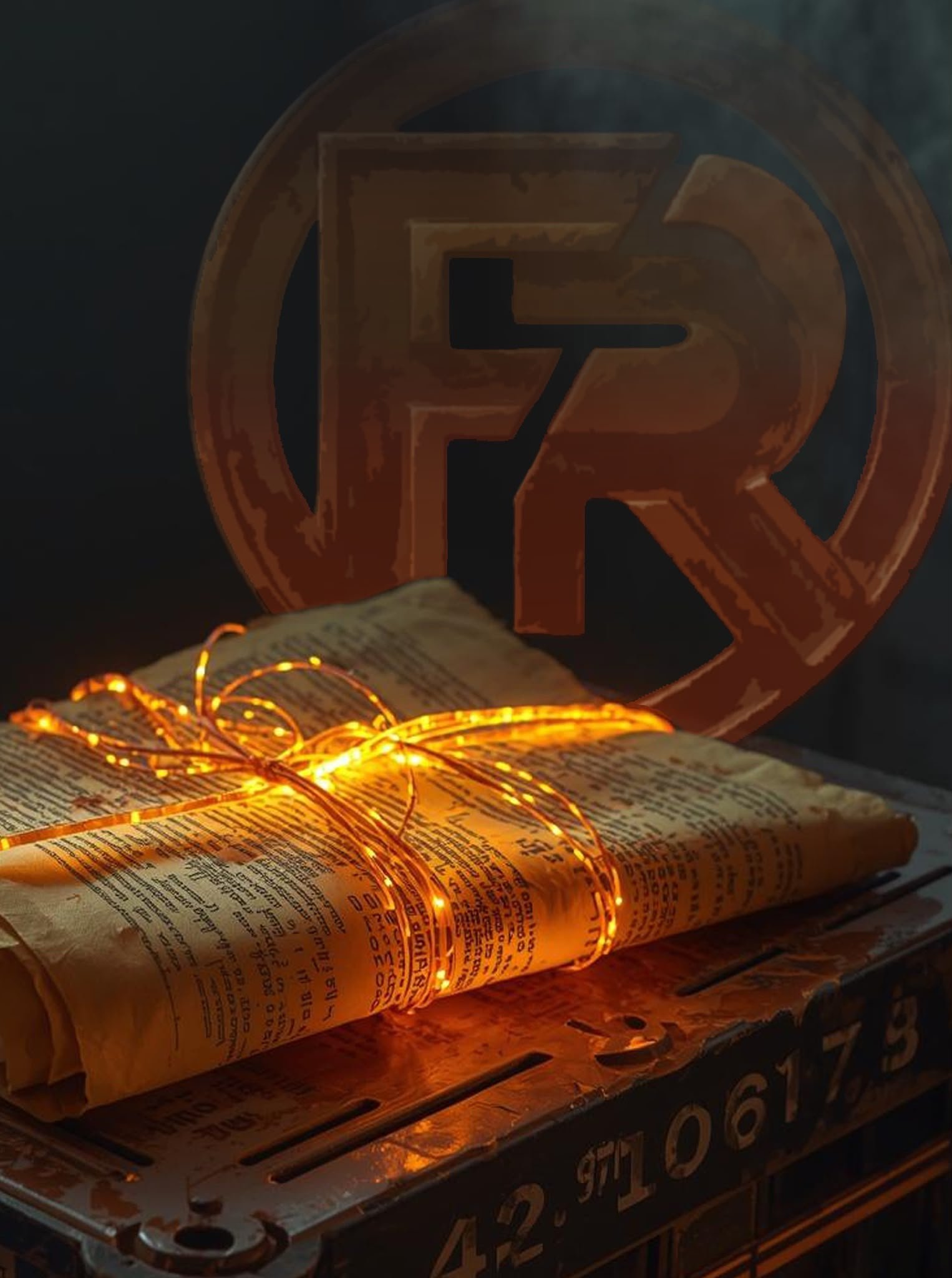A rolled newspaper with an orange string light on top and a large metallic peace symbol in the background. The peace symbol has a rust-colored finish and is positioned behind the newspaper, with part of its circle and internal lines visible.