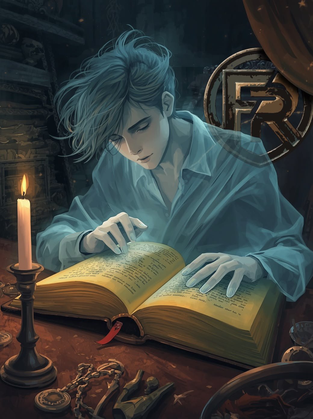 ghost boy reading a book by candlelight in wooden cabin with RF badge in background