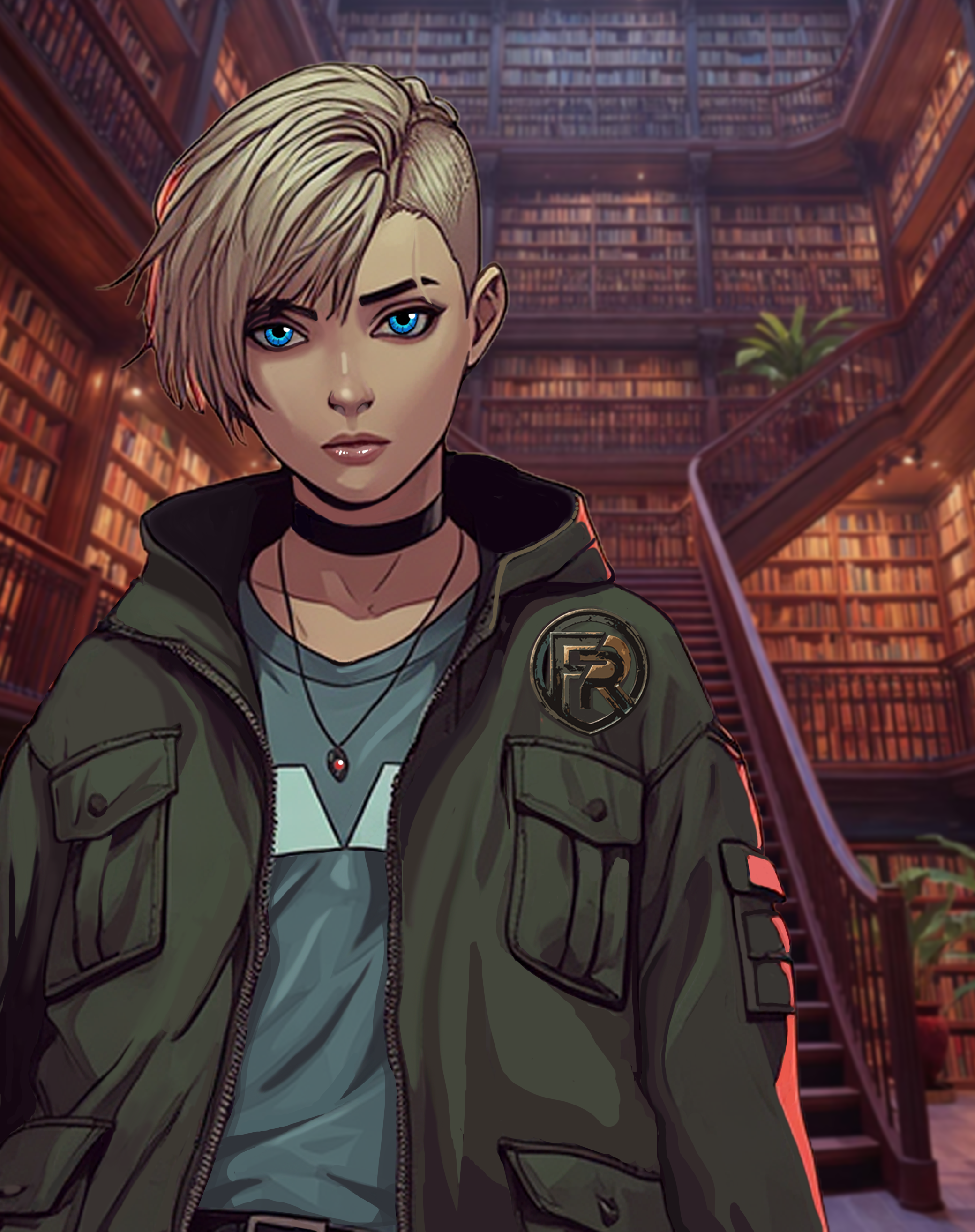 girl in green parka jacket with FR logo and staircase and bookcases behind her lining walls