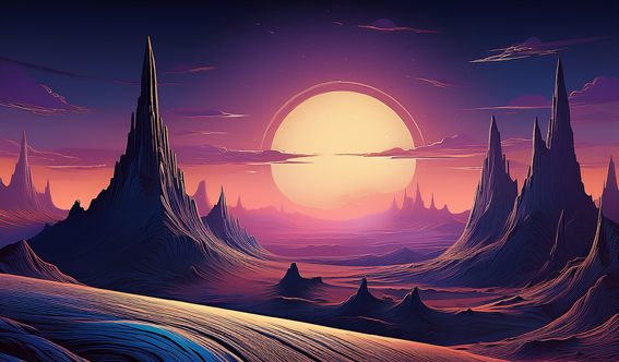 A surreal landscape with pointed mountains and a large glowing sun setting or rising on the horizon, under a purple and pink sky. YA Sci-fi dystopian fantasy