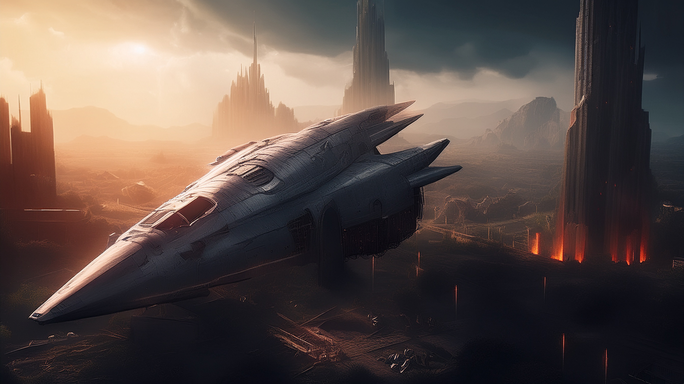 A futuristic spaceship flying over a dark, planet-like landscape with tall, jagged mountains and glowing lava flows, under a cloudy sky with a bright setting sun.