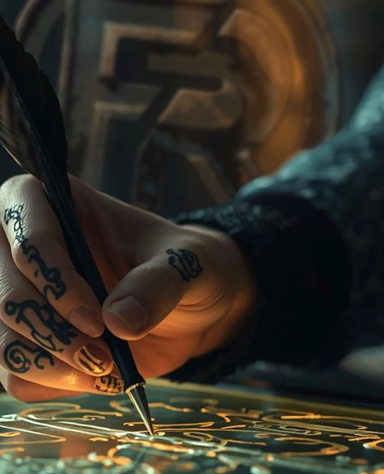 A person with tattoos on their fingers is drawing with a pen on a flat surface that glows with intricate, glowing patterns and designs.