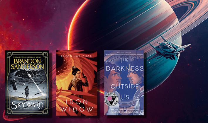 a planet with a ring around it and a spaceship and 3 books covers, skyward, iron widow, the darkness outside us
