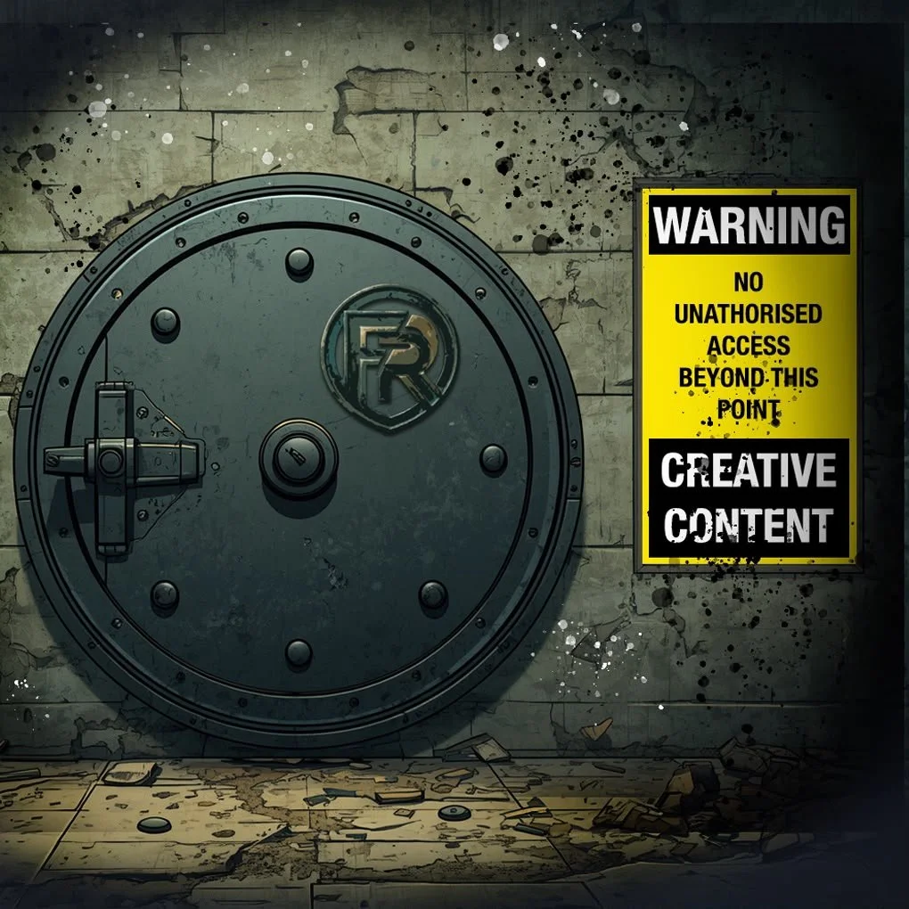 vault with a steel hatch and a sign warning creative content no unauthorised access beyond this point