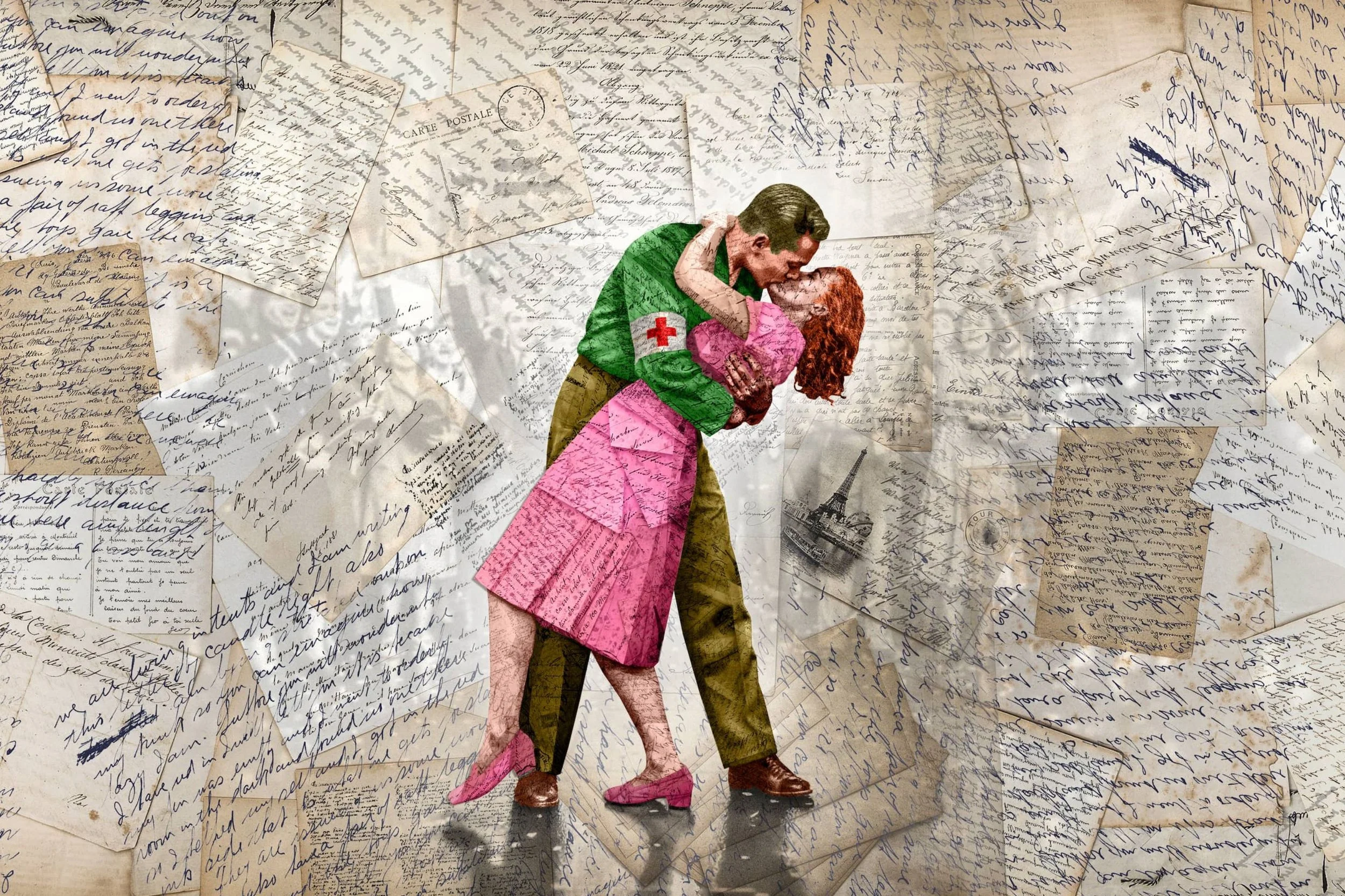 A vintage-style illustration of a man in historical clothing, with a medical patch on his arm, embracing a woman dressed in pink and red hair. The background is filled with overlapping handwritten letters and postcards.