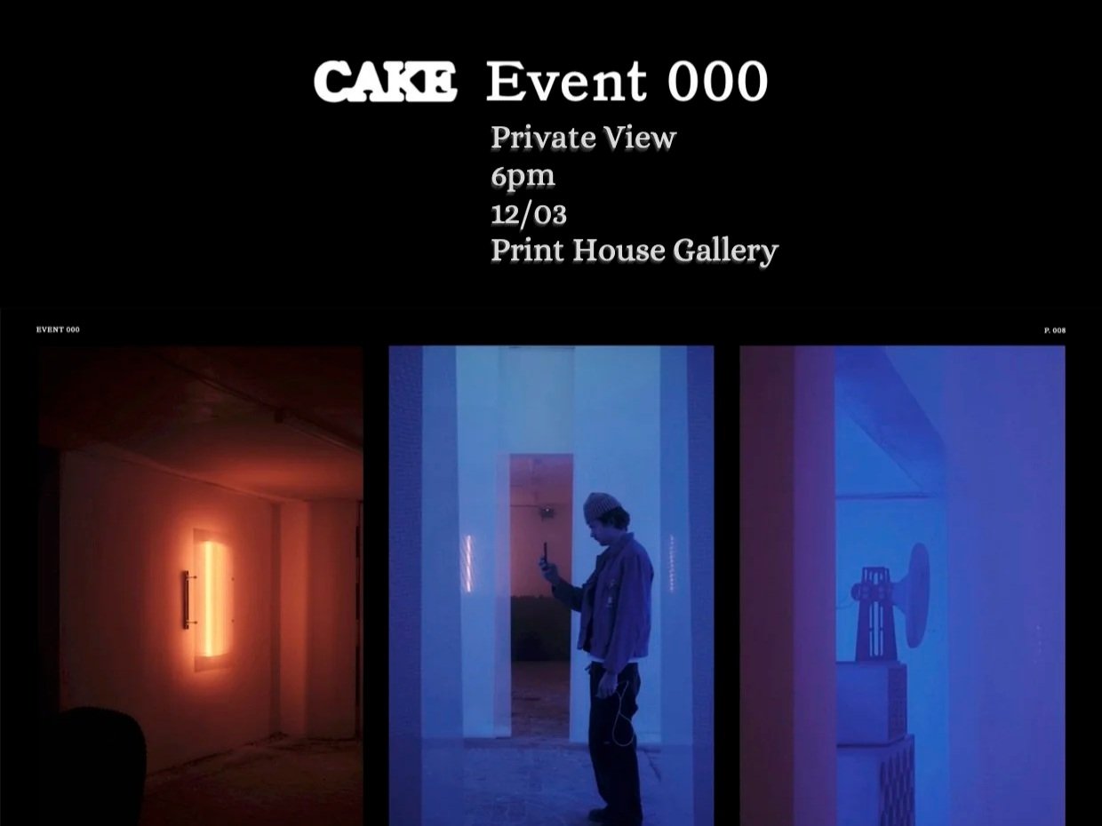 Gallery poster for 'Cake Event 000' with timing details, featuring three photos of art installations or exhibits with colorful lights, a person in front of a blue-lit space using a phone.