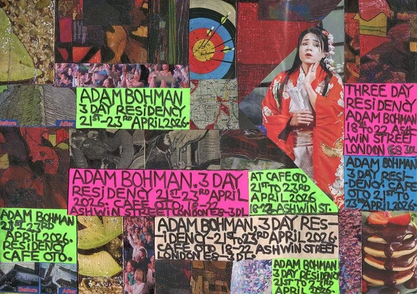 Collage of colorful handwritten notes and images, including a woman dressed in a traditional red kimono with flowers in her hair, various abstract and scenic backgrounds, and event advertisements for a 3-day residence by Adam Bohman in April 2026.