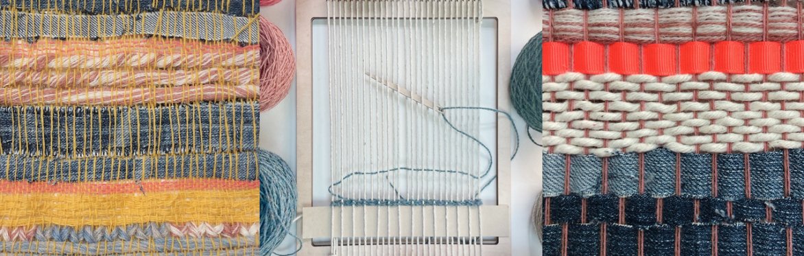 Close-up of woven textiles in various colors and patterns, with a weaving loom in the center and yarn balls surrounding it.
