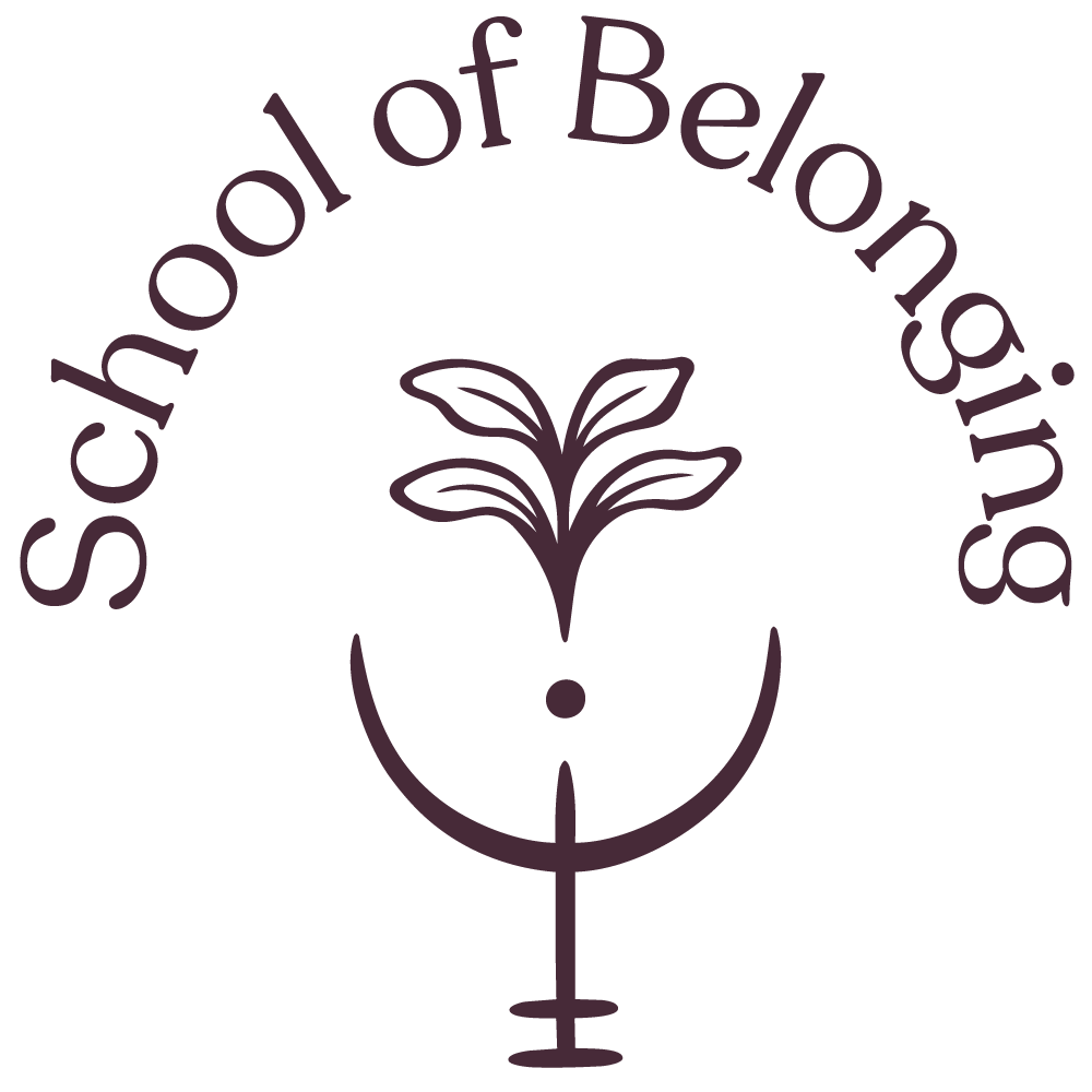 A logo with the text 'School of Belonging' curved above a stylized plant growing from a circular line, all in dark purple.