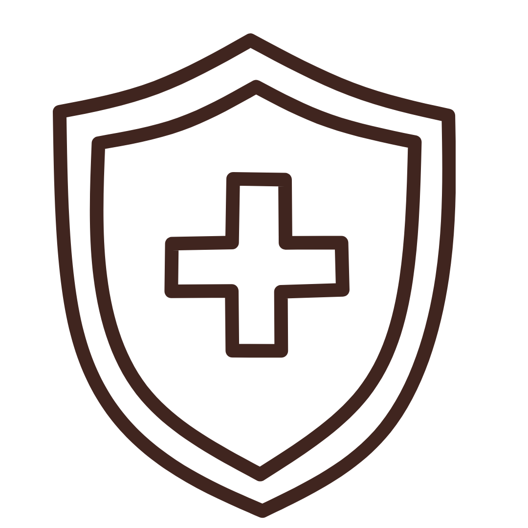 Outline icon of a shield with a medical cross in the center.