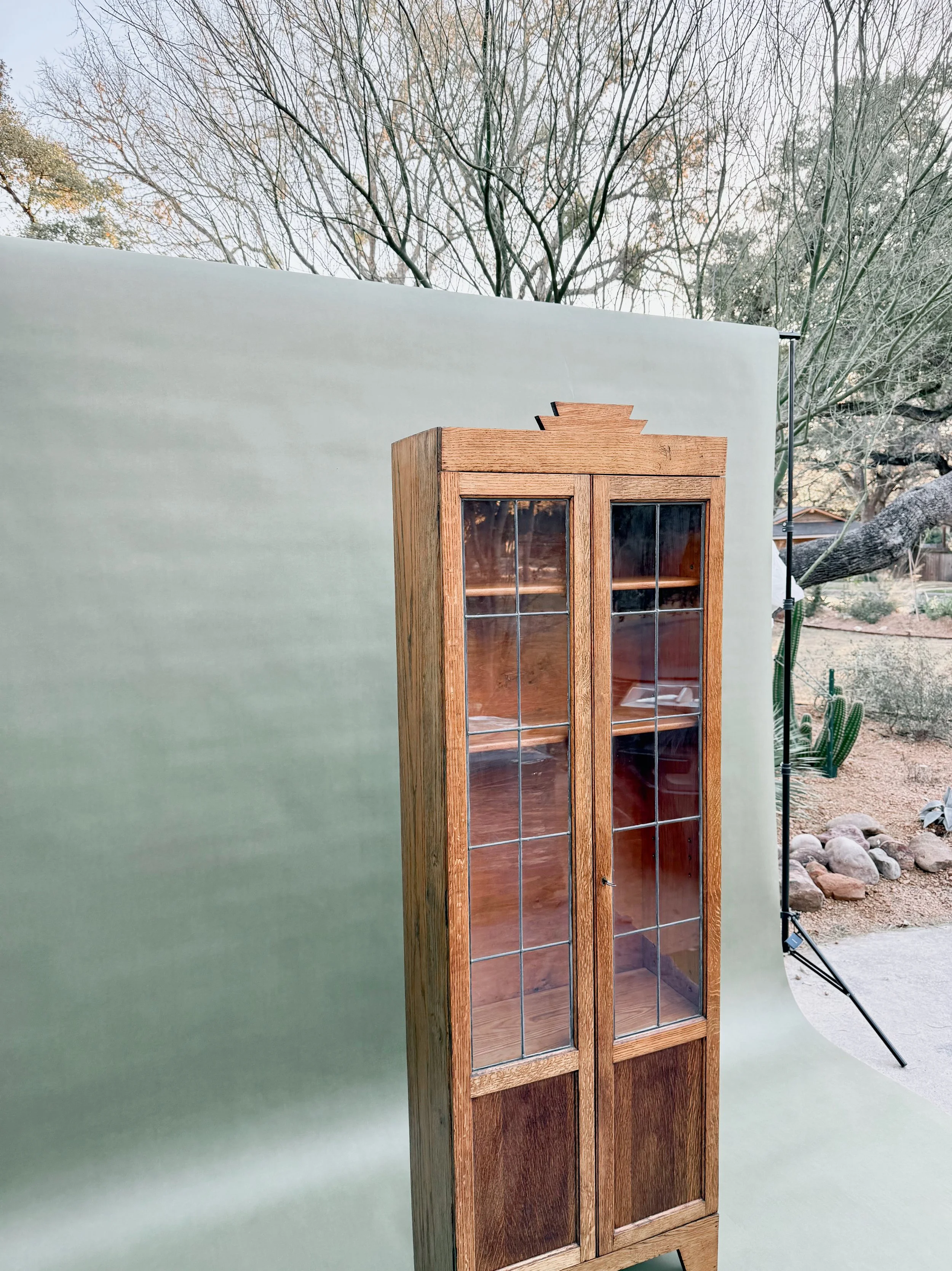 A wooden glass cabinet with two doors, placed outdoors against a pale gray backdrop, with desert plants and trees in the background.