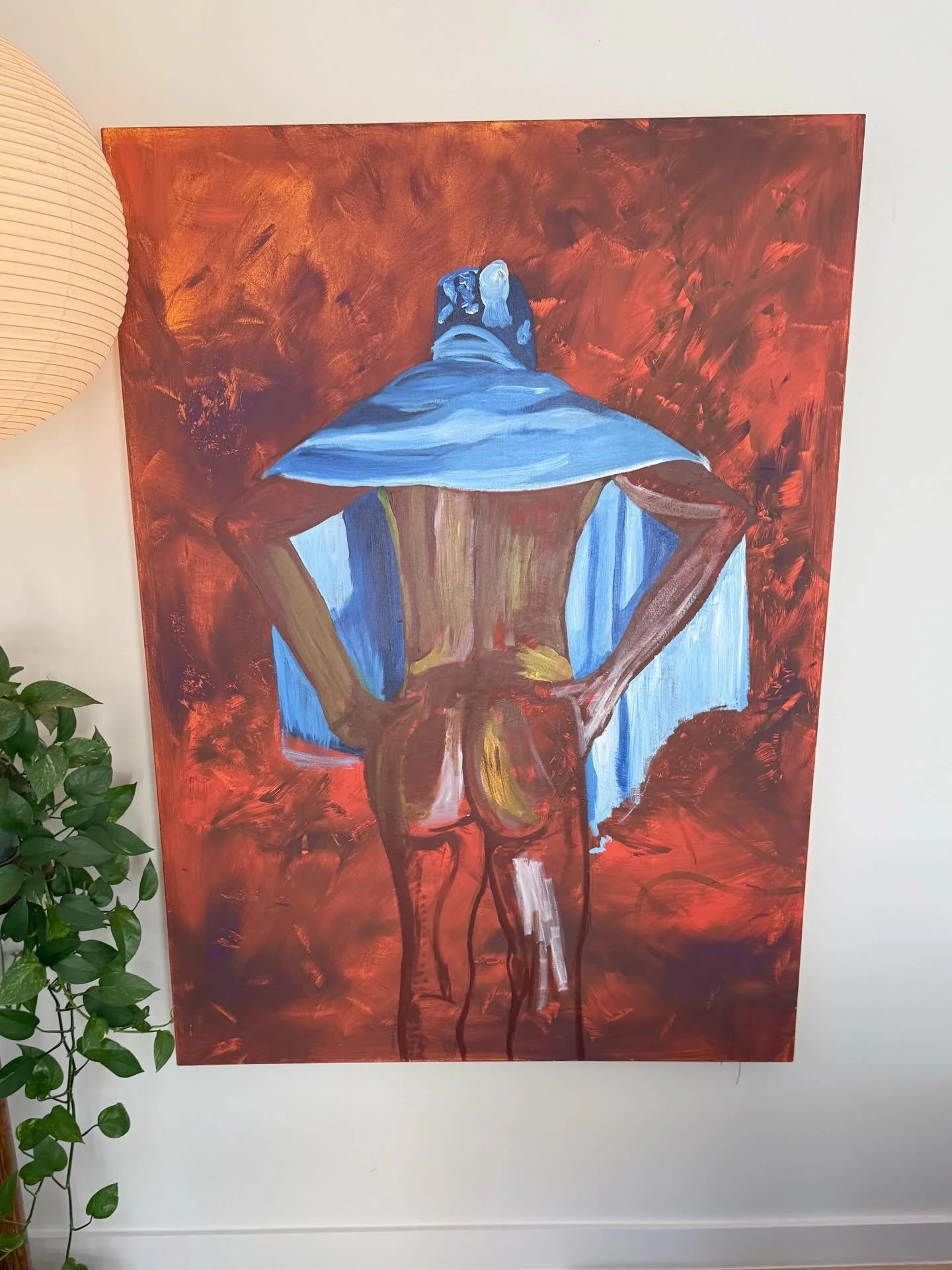 AVAILABLE &mdash; $850

Large-scale acrylic on canvas, unsigned and undated. A rear-view figurative composition &mdash; a nude figure wrapped in a towel, swim cap on, set against a heavily worked red-orange ground. The brushwork is loose and gestural
