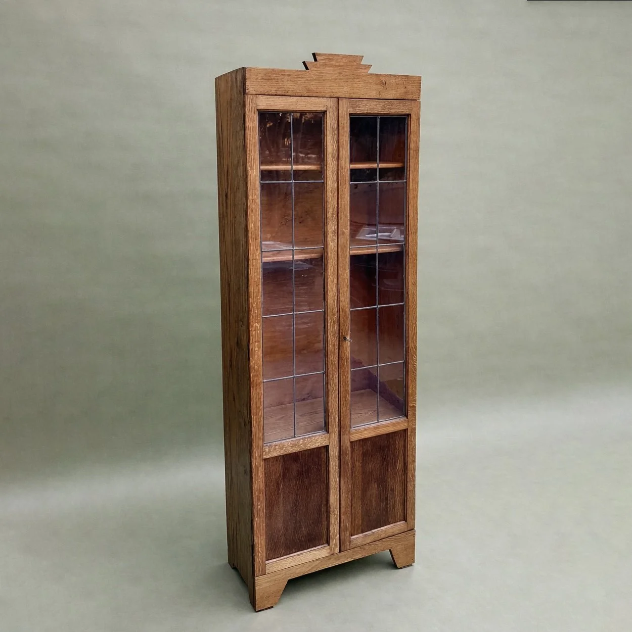 Mission Style Quarter-Sawn Oak Bookcase with Leaded Glass Doors