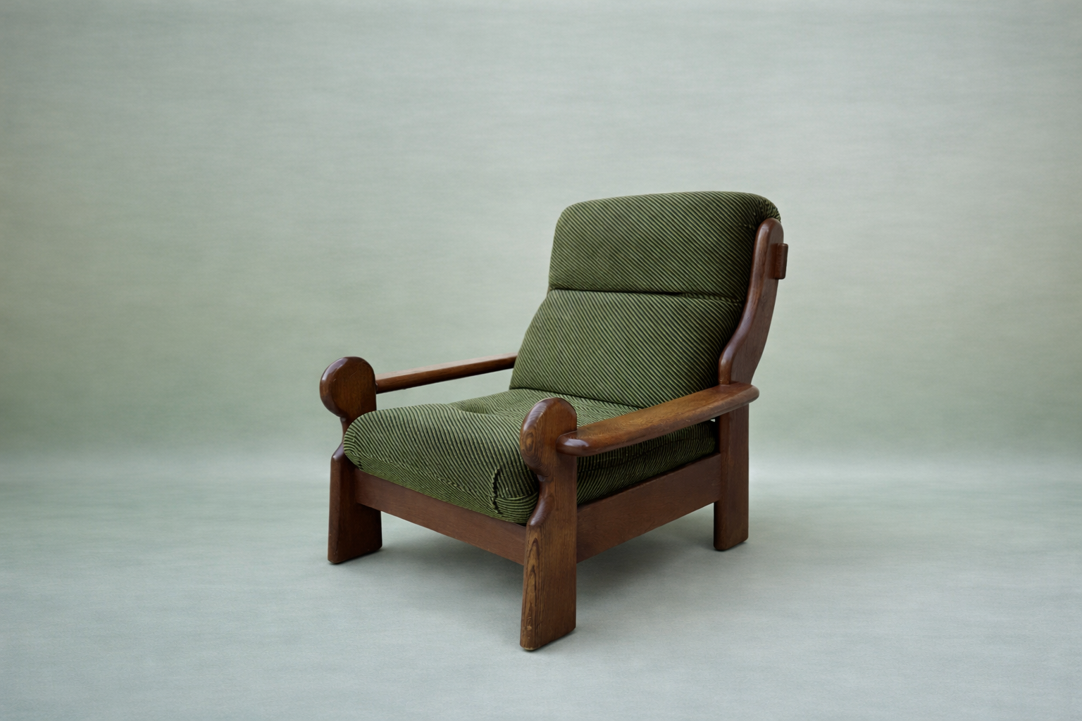 Danish Oak Lounge Chair — Green Stripe Upholstery, Freshly Upholstered