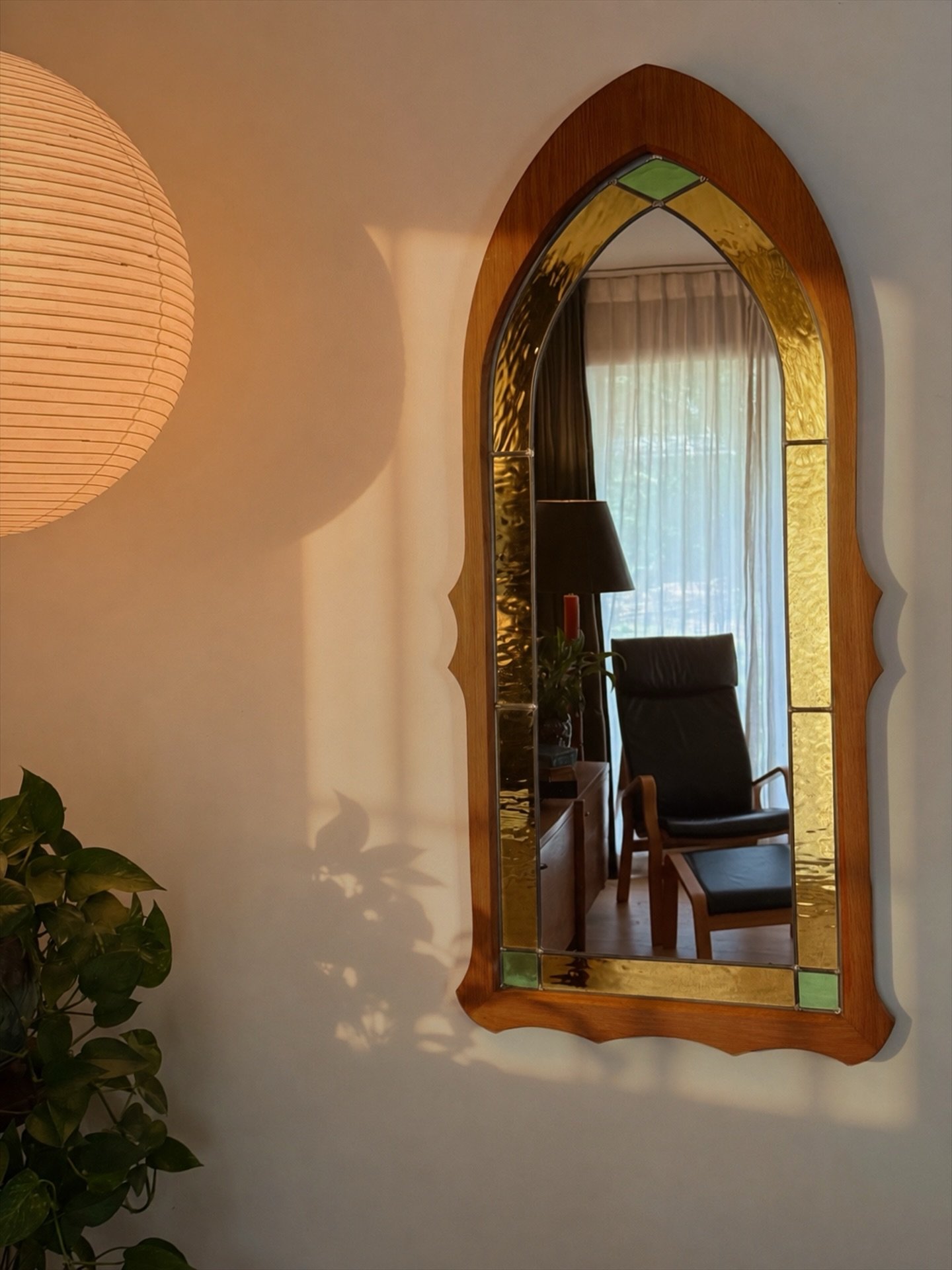 Vintage MCM Oak Gothic Arch Mirror with Leaded Amber & Green Glass